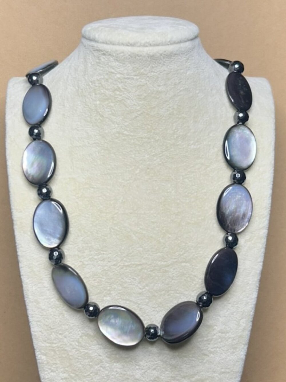 Black Doublet Oval Mother of Pearl Shell and Hematite Beads Necklace.